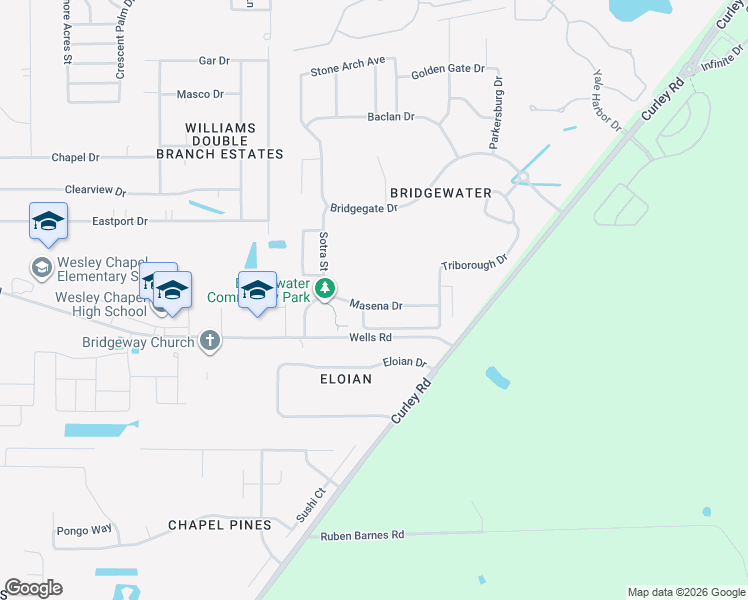 map of restaurants, bars, coffee shops, grocery stores, and more near 31103 Masena Drive in Wesley Chapel