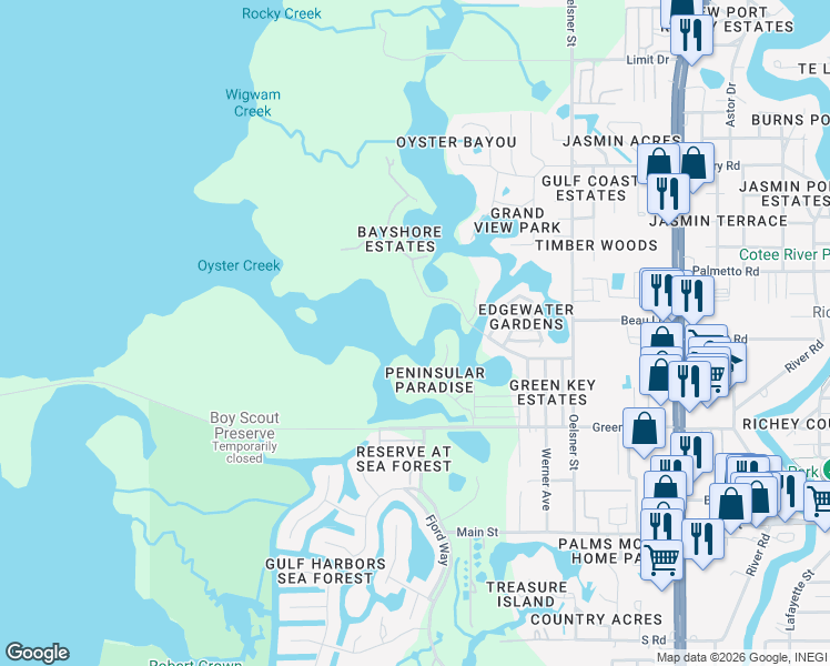 map of restaurants, bars, coffee shops, grocery stores, and more near 6931 Manor Beach Road in New Port Richey