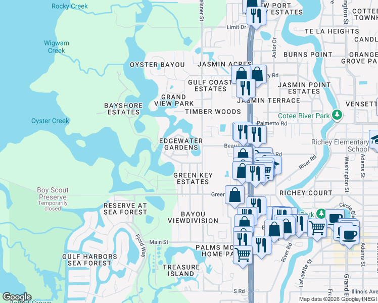 map of restaurants, bars, coffee shops, grocery stores, and more near 6977 Edgewater Drive in New Port Richey