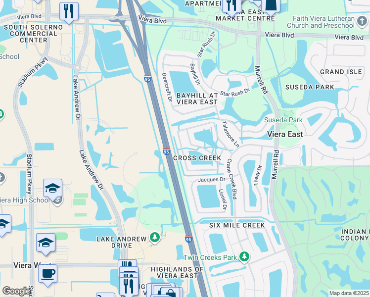 map of restaurants, bars, coffee shops, grocery stores, and more near 1544 Knoll Ridge Drive in Melbourne
