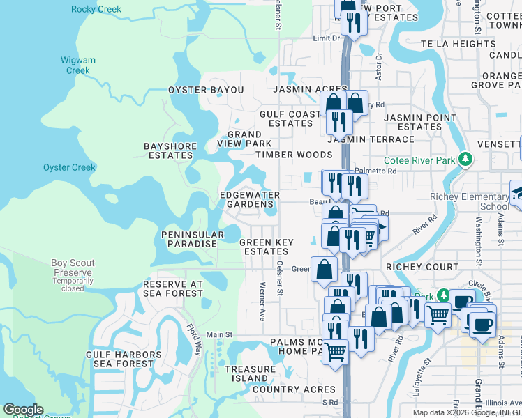 map of restaurants, bars, coffee shops, grocery stores, and more near 6841 Oelsner Street in Port Richey