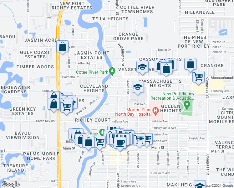 map of restaurants, bars, coffee shops, grocery stores, and more near 6823 Washington Street in New Port Richey