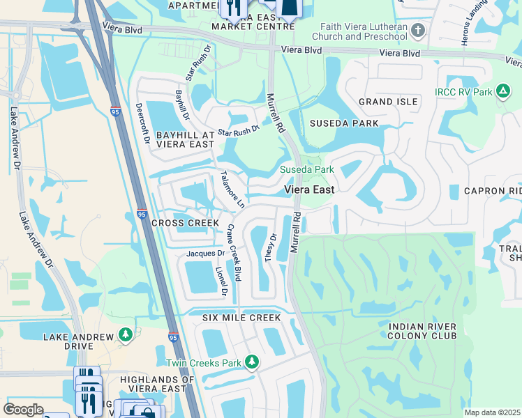 map of restaurants, bars, coffee shops, grocery stores, and more near 1953 Crane Creek Boulevard in Melbourne