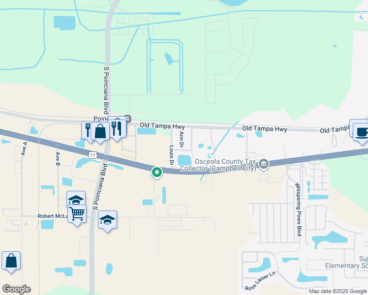 map of restaurants, bars, coffee shops, grocery stores, and more near 1674 Ann Drive in Kissimmee