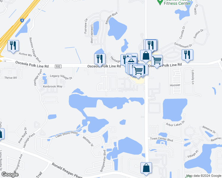map of restaurants, bars, coffee shops, grocery stores, and more near 7976 Osceola Polk Line Road in Davenport