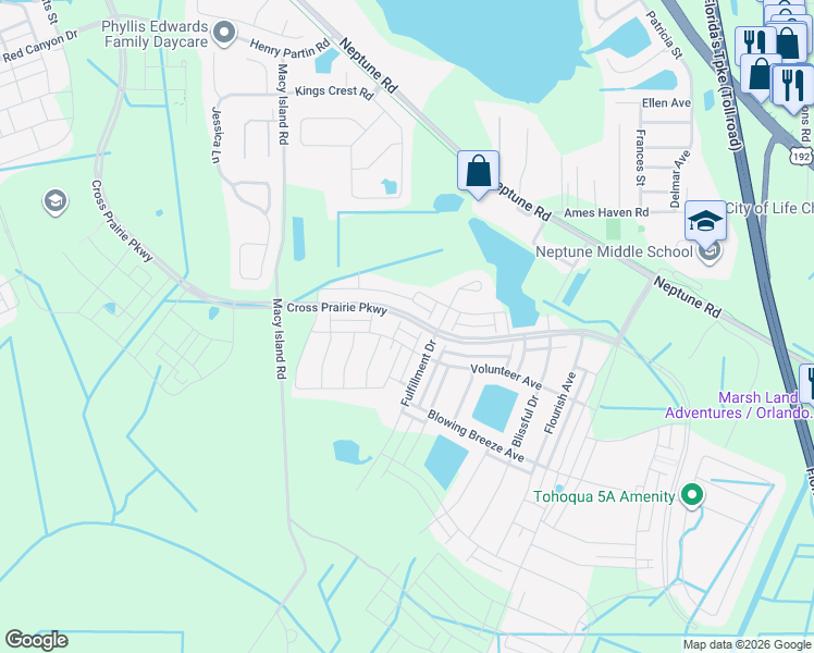 map of restaurants, bars, coffee shops, grocery stores, and more near 1651 Macy Island Road in Kissimmee