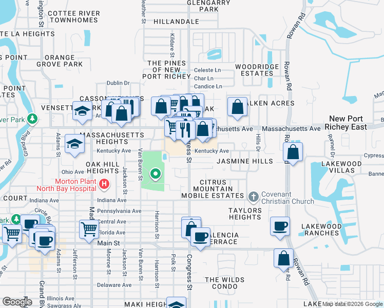 map of restaurants, bars, coffee shops, grocery stores, and more near 6820 Congress Street in New Port Richey