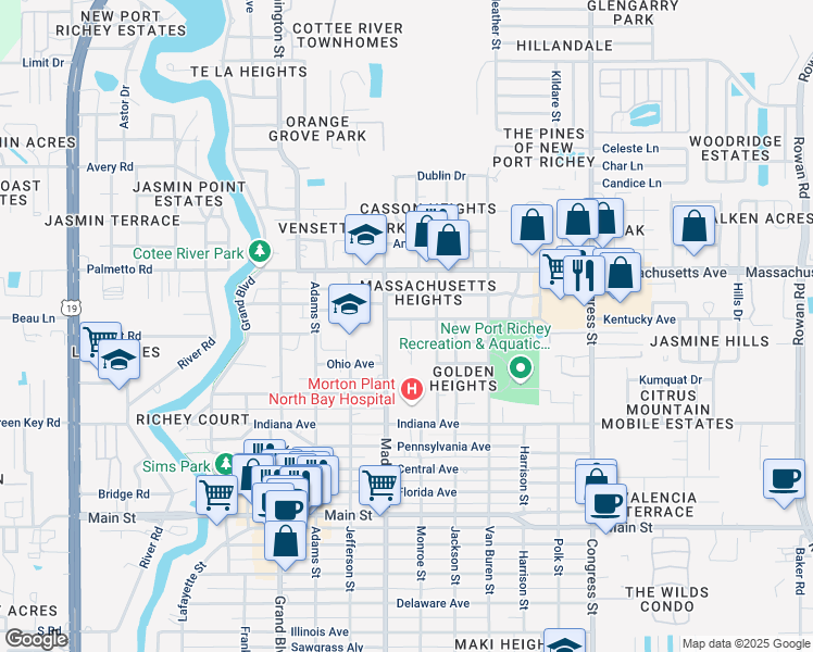 map of restaurants, bars, coffee shops, grocery stores, and more near 6823 Oak Hill Drive in New Port Richey