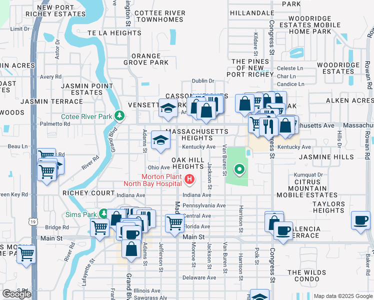 map of restaurants, bars, coffee shops, grocery stores, and more near 6823 Oak Hill Drive in New Port Richey