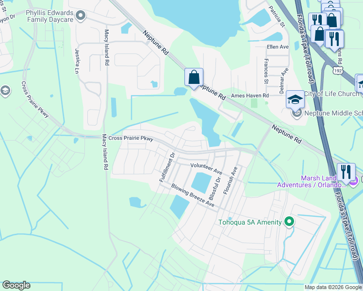 map of restaurants, bars, coffee shops, grocery stores, and more near 2475 Volunteer Avenue in Kissimmee