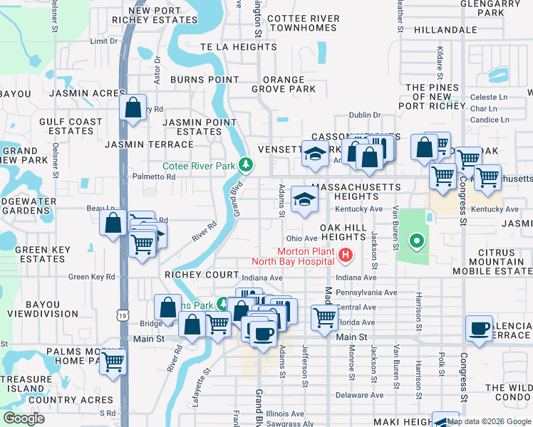 map of restaurants, bars, coffee shops, grocery stores, and more near 5738 Vermont Avenue in New Port Richey