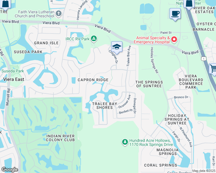 map of restaurants, bars, coffee shops, grocery stores, and more near 1417 Ballinton Drive in Melbourne