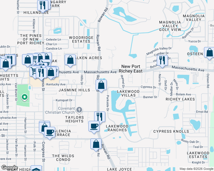 map of restaurants, bars, coffee shops, grocery stores, and more near 6817 Parkside Drive in New Port Richey