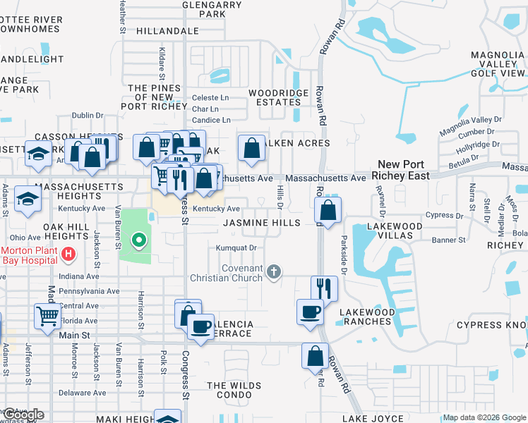 map of restaurants, bars, coffee shops, grocery stores, and more near 6931 Ian Court in New Port Richey