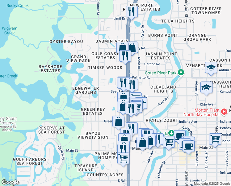 map of restaurants, bars, coffee shops, grocery stores, and more near 5128 Beau Lane in New Port Richey