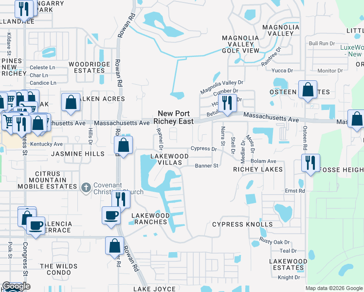 map of restaurants, bars, coffee shops, grocery stores, and more near 7323 Cypress Drive in New Port Richey