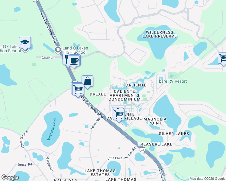 map of restaurants, bars, coffee shops, grocery stores, and more near 6815 Dali Avenue in Land O' Lakes