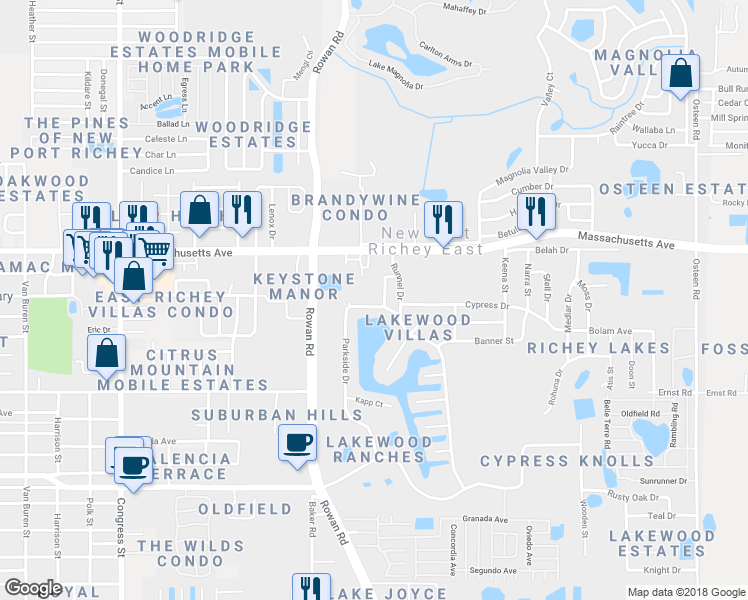map of restaurants, bars, coffee shops, grocery stores, and more near 6853 Parkside Drive in New Port Richey