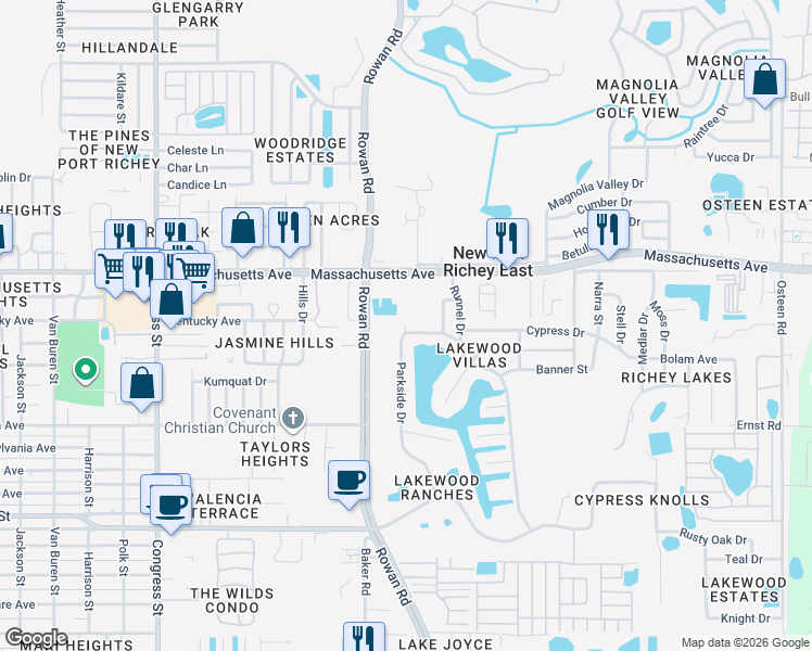 map of restaurants, bars, coffee shops, grocery stores, and more near 6817 Parkside Drive in New Port Richey