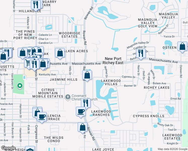 map of restaurants, bars, coffee shops, grocery stores, and more near 6817 Parkside Drive in New Port Richey
