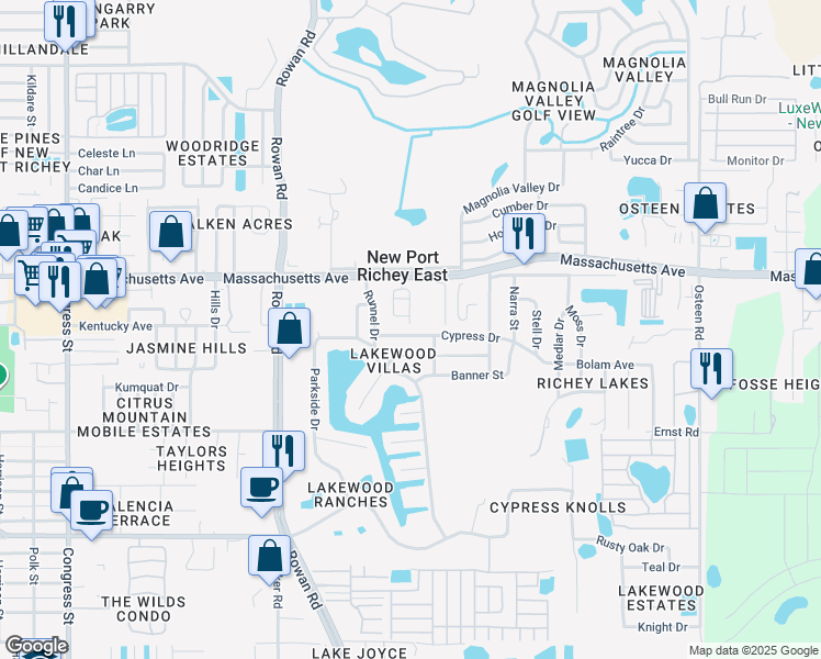 map of restaurants, bars, coffee shops, grocery stores, and more near 7323 Cypress Drive in New Port Richey