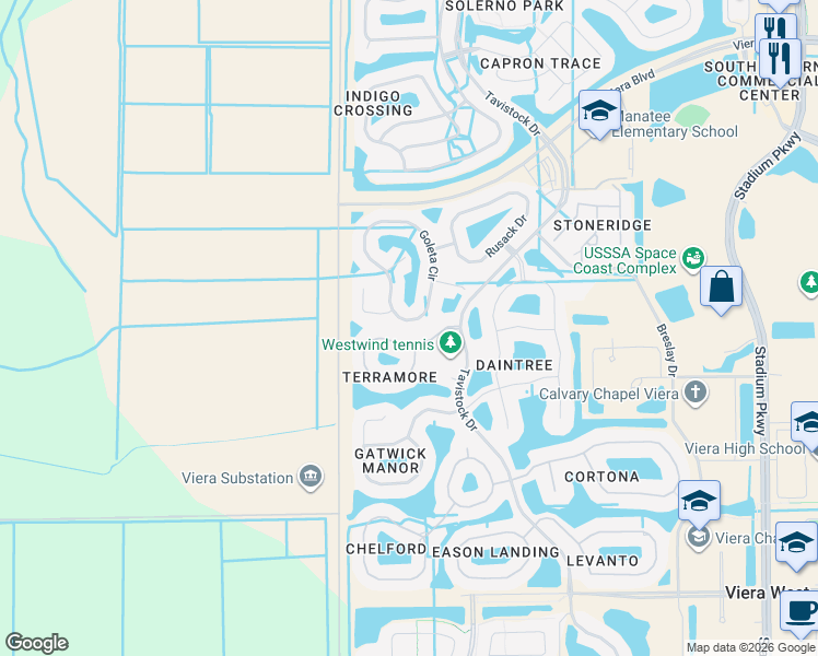 map of restaurants, bars, coffee shops, grocery stores, and more near 6082 Goleta Circle in Melbourne