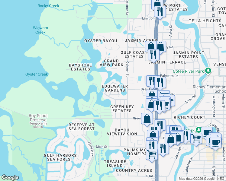 map of restaurants, bars, coffee shops, grocery stores, and more near 4841 Coral Court in New Port Richey