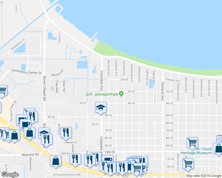 map of restaurants, bars, coffee shops, grocery stores, and more near 239 Montana Avenue in Saint Cloud