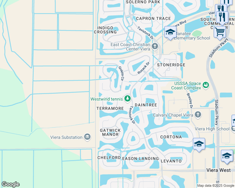 map of restaurants, bars, coffee shops, grocery stores, and more near 3422 Terramore Drive in Melbourne