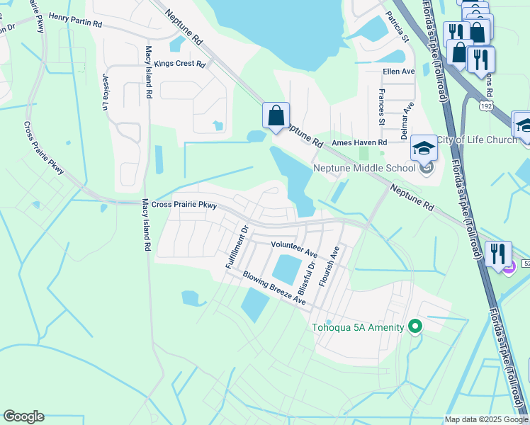 map of restaurants, bars, coffee shops, grocery stores, and more near 2475 Volunteer Avenue in Kissimmee