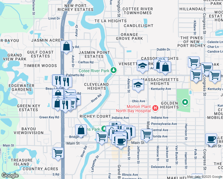 map of restaurants, bars, coffee shops, grocery stores, and more near 6822 Grand Boulevard in Port Richey