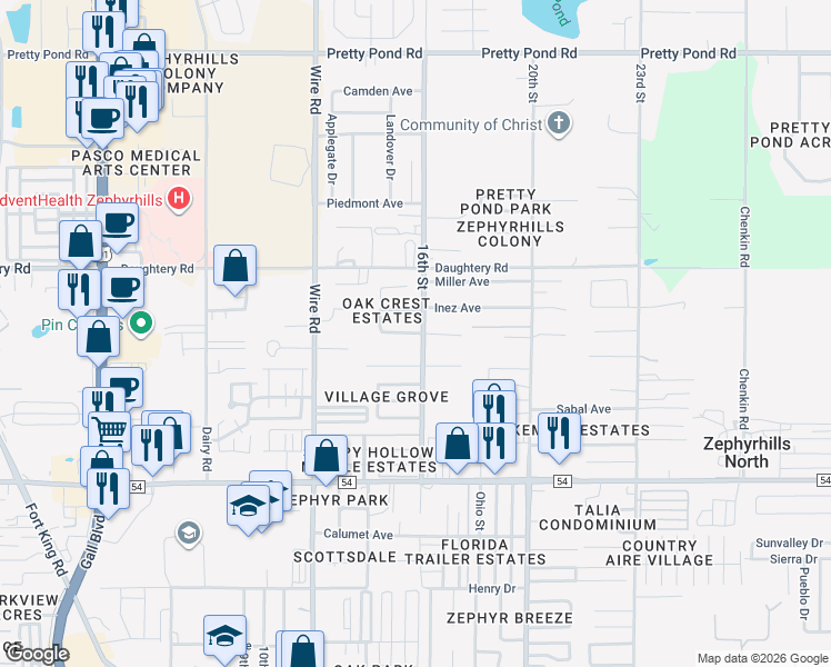 map of restaurants, bars, coffee shops, grocery stores, and more near 6753 16th Street in Zephyrhills