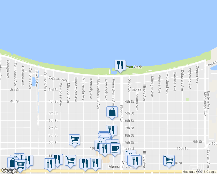 map of restaurants, bars, coffee shops, grocery stores, and more near 213 New York Avenue in St. Cloud