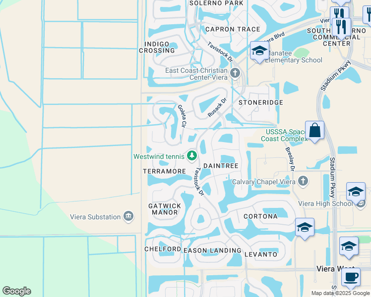 map of restaurants, bars, coffee shops, grocery stores, and more near 3422 Terramore Drive in Melbourne