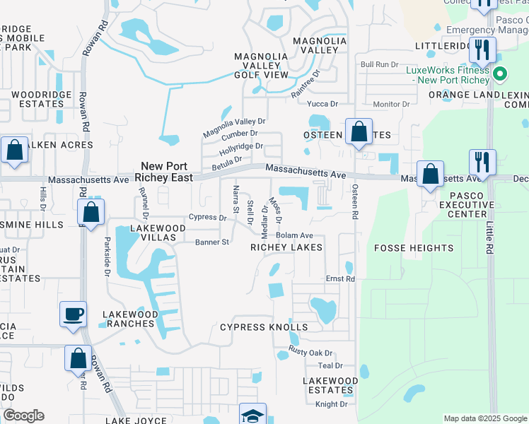 map of restaurants, bars, coffee shops, grocery stores, and more near 6809 Medlar Drive in New Port Richey