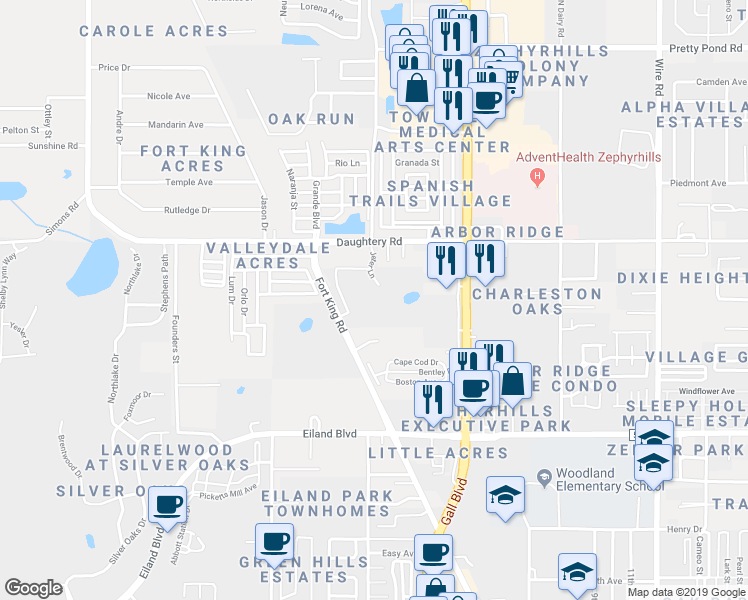 map of restaurants, bars, coffee shops, grocery stores, and more near 6830 Jeter Lane in Zephyrhills