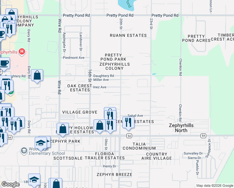 map of restaurants, bars, coffee shops, grocery stores, and more near 6823 20th Street in Zephyrhills