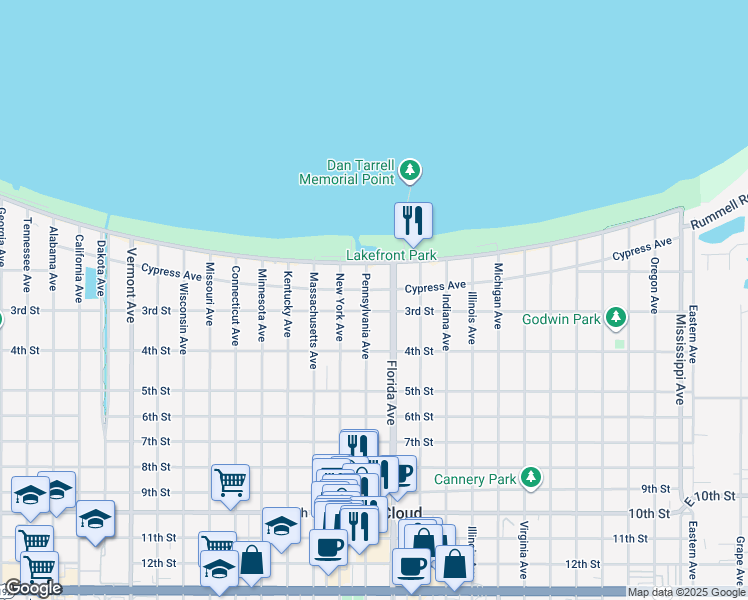 map of restaurants, bars, coffee shops, grocery stores, and more near 215 Pennsylvania Avenue in St. Cloud