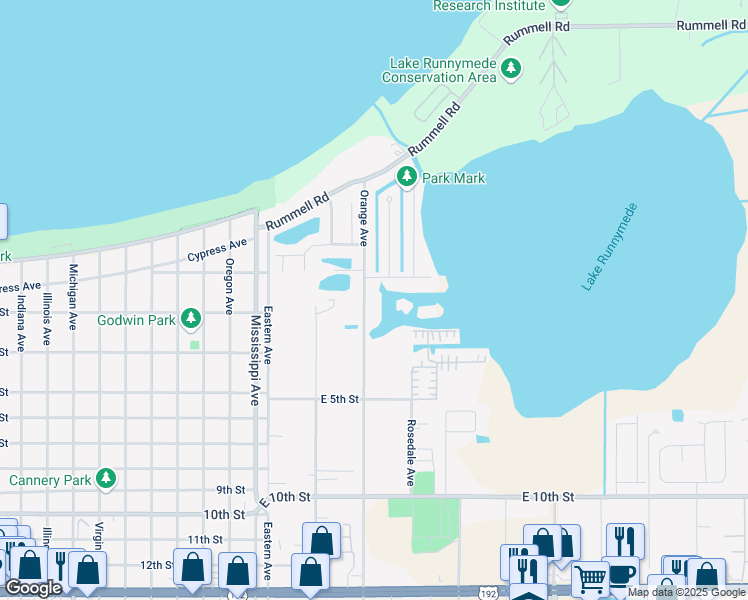 map of restaurants, bars, coffee shops, grocery stores, and more near 281 Orange Avenue in St. Cloud