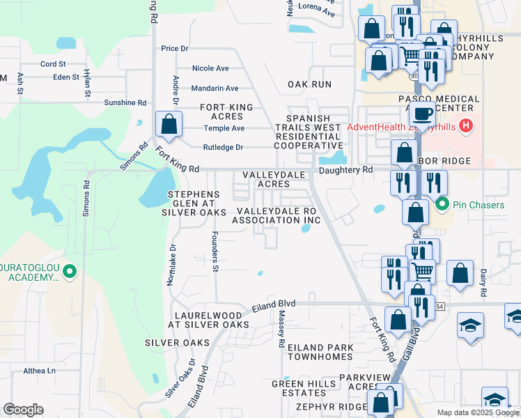 map of restaurants, bars, coffee shops, grocery stores, and more near 6831 Lum Drive in Zephyrhills