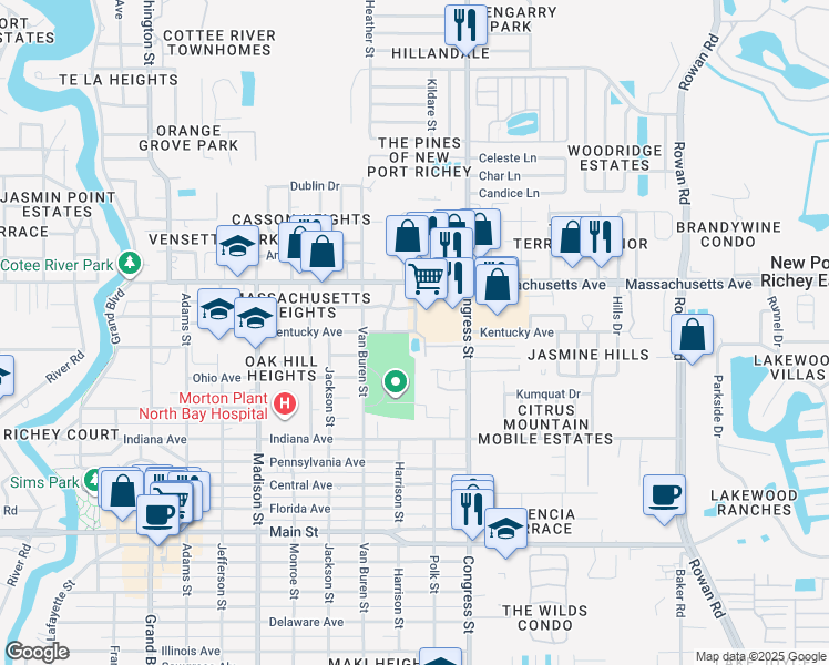 map of restaurants, bars, coffee shops, grocery stores, and more near 6321 Kentucky Avenue in New Port Richey