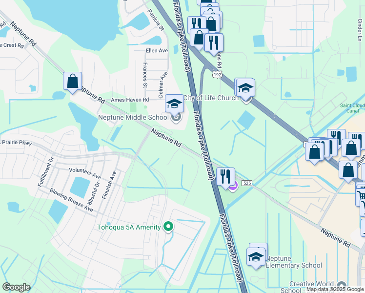 map of restaurants, bars, coffee shops, grocery stores, and more near County Road 525 in St. Cloud