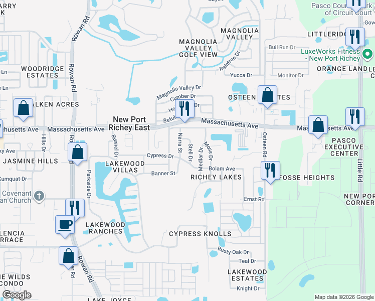 map of restaurants, bars, coffee shops, grocery stores, and more near 6837 Stell Drive in New Port Richey