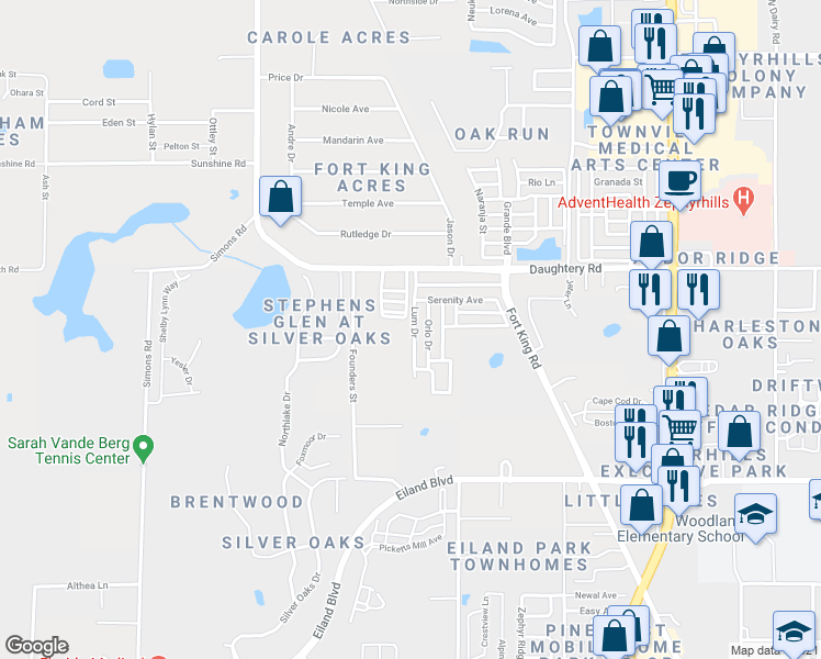 map of restaurants, bars, coffee shops, grocery stores, and more near 6831 Lum Drive in Zephyrhills