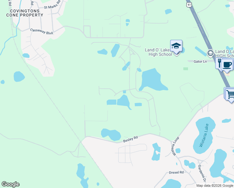 map of restaurants, bars, coffee shops, grocery stores, and more near 19957 Bexley Road in Land O' Lakes