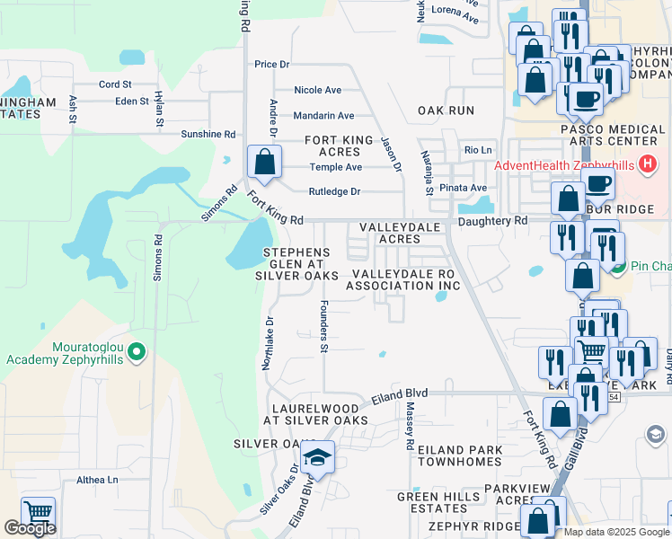 map of restaurants, bars, coffee shops, grocery stores, and more near 6830 Founders Street in Zephyrhills