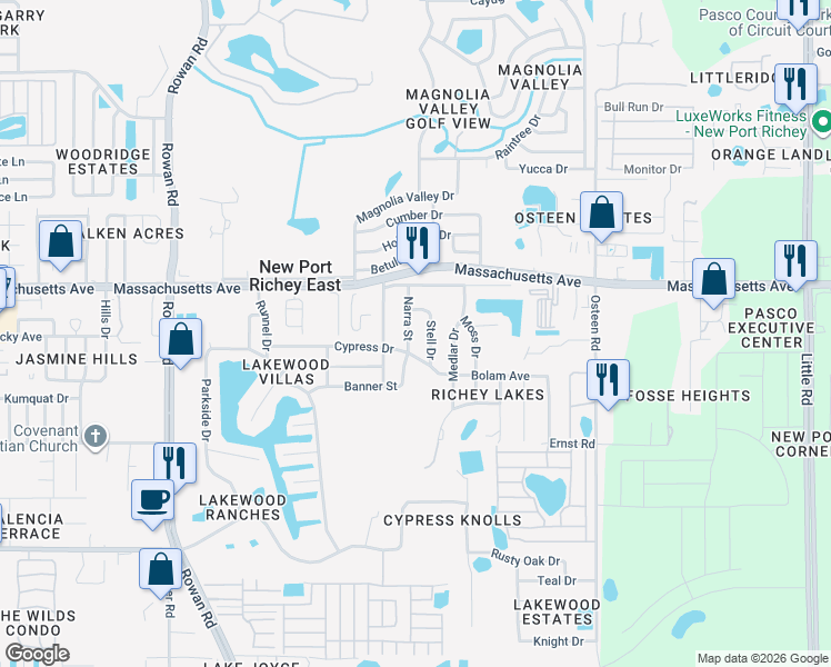 map of restaurants, bars, coffee shops, grocery stores, and more near 6837 Stell Drive in New Port Richey