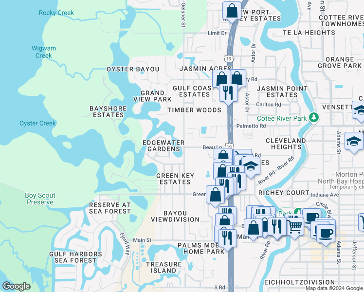 map of restaurants, bars, coffee shops, grocery stores, and more near 6841 Oelsner Street in Port Richey