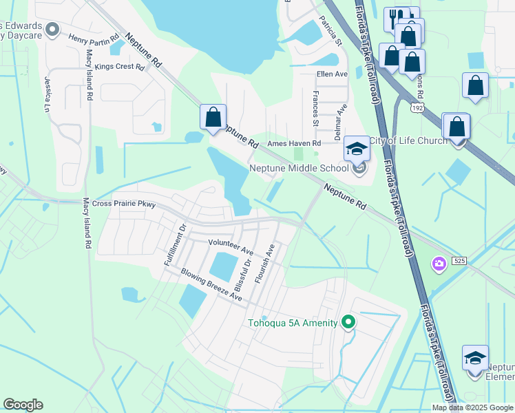 map of restaurants, bars, coffee shops, grocery stores, and more near 1601 Breezewood Street in Kissimmee