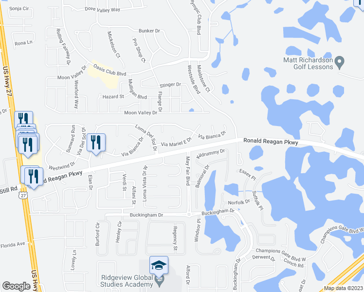 map of restaurants, bars, coffee shops, grocery stores, and more near 223 Via Mariel East Drive in Davenport